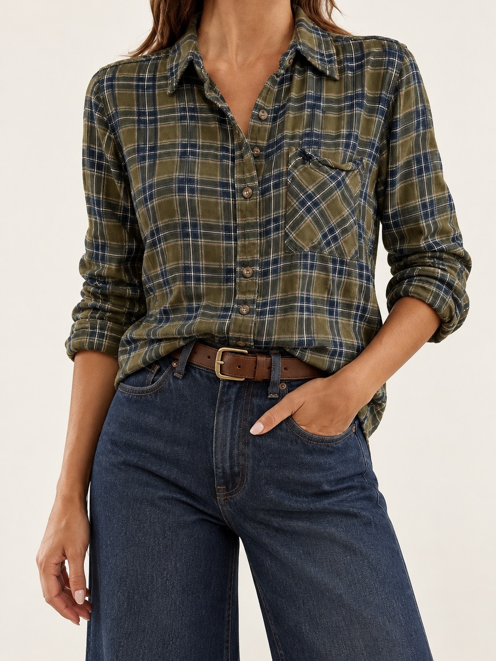 Abercrombie & Fitch M Olive Navy Plaid Button-Up Preppy Y2K Soft Lagenlook Fall
